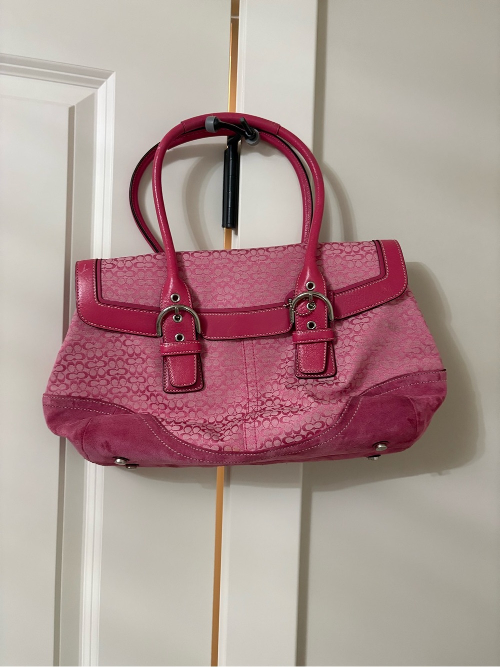 Coach Soho Y2K Flap Satchel, featuring pink signature jacquard canvas and suede - Picture 1 of 4